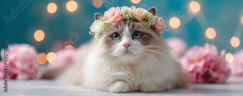 Adorable ragdoll cat with floral headband sitting on white floor surrounded by glowing lights and flowers, pastel-toned photo against light blue background