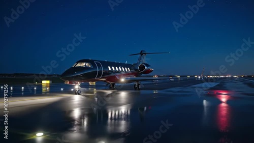 A private jet sits on a wet runway at night illuminated by its own lights with the stars faintly visible in the dark sky