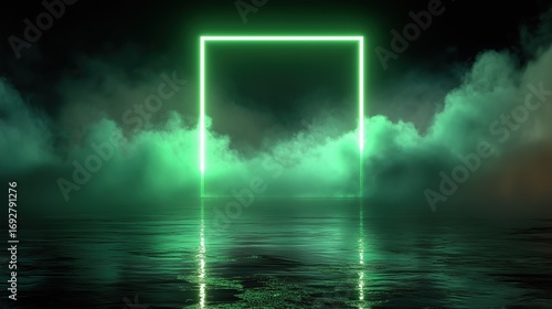 an abstract, illuminated green neon square frame in the dark, surrounded by smoke, with a reflection on the water floor.