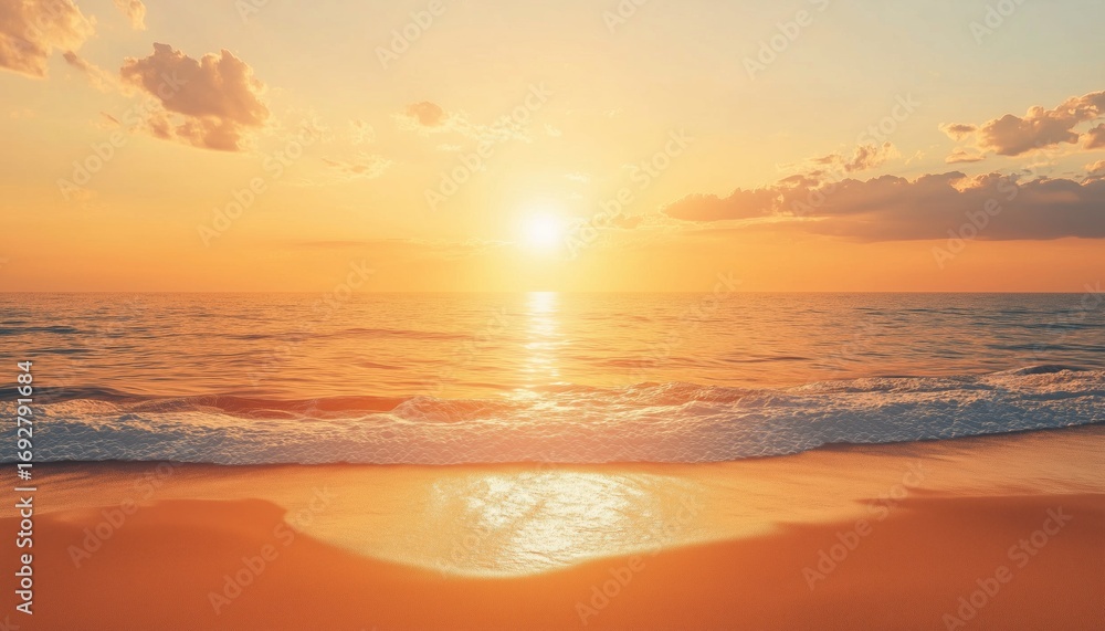 Fototapeta premium Tranquil Seascape And Sky: A Serene View Of The Ocean Horizon With Golden Sun, Soft Sand, And Calming Summer Vibes