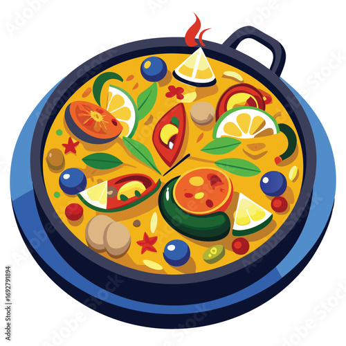 Paella dish with vibrant colorful ingredients