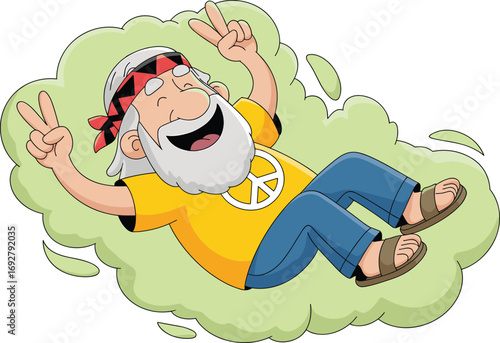 Happy old man with peace signs, hippie style, relaxing on cloud, smiling face, bandana, casual clothes, joyful expression, positive vibe, fun cartoon character