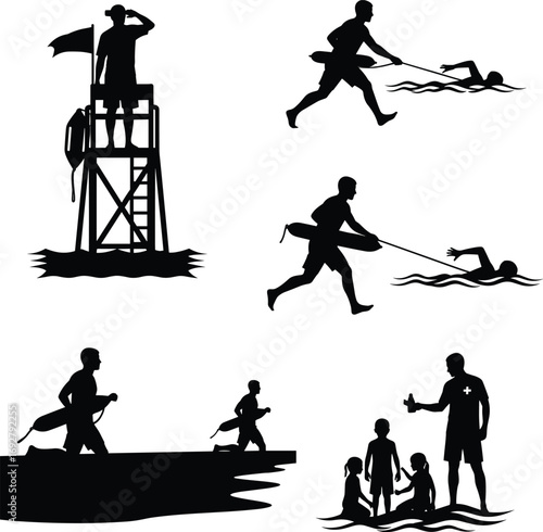 Lifeguard silhouettes rescuing swimmers, watching from tower, running on beach, performing water rescue, ensuring safety, summer beach lifeguard activities.