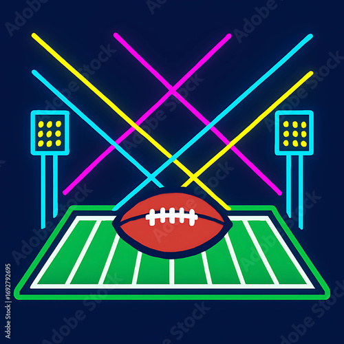 Neon gridiron spectacle with an American football on a glowing field under vibrant stadium spotlights and colorful light beams