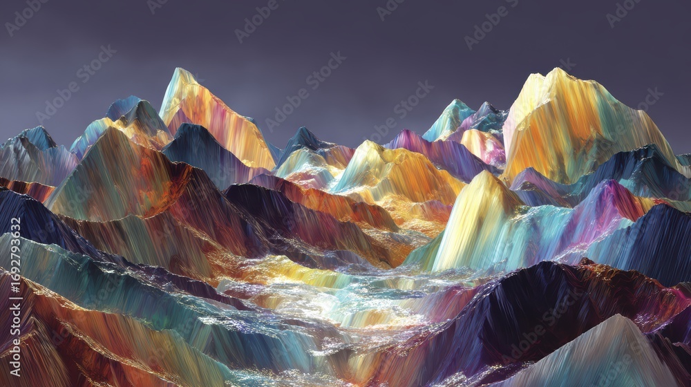 Obraz premium Surreal Rainbow Mountains with Reflective Crystal Surfaces Captured in a Dreamlike Landscape of Vibrant Colors and Ethereal Light