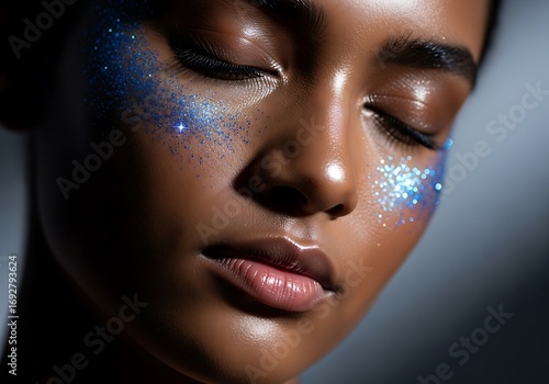 Closeup portrait woman glitter creative face art