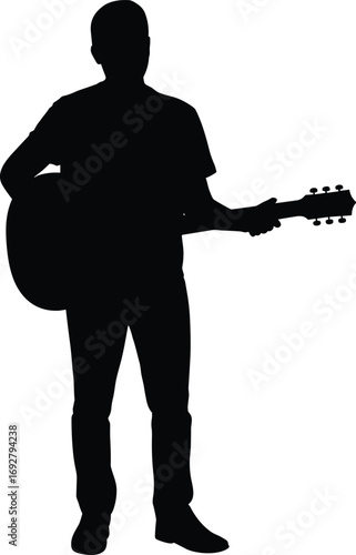 Silhouette vector illustration of a man playing acoustic guitar in standing position, representing musical performance, practice, or entertainment scene.