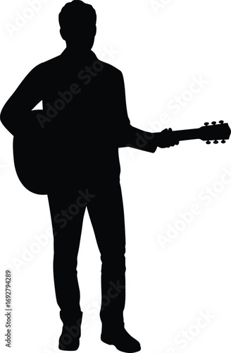 Silhouette vector of young man standing and playing acoustic guitar, ideal for music, concert, performance, or artistic illustrations.