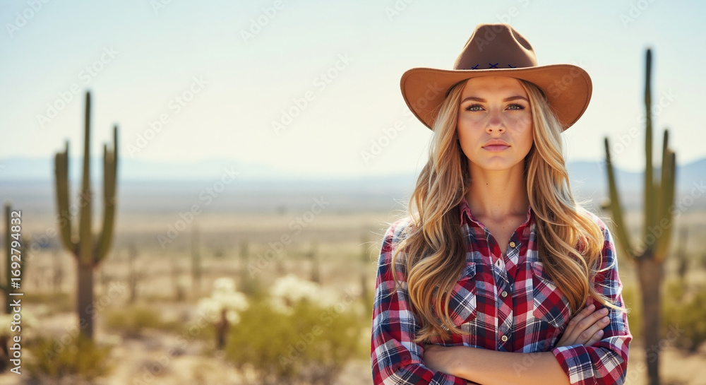 Obraz premium Confident cowgirl portrait in a western desert landscape. Young woman wearing a cowboy hat and plaid shirt. Copy space