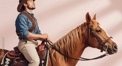 A stylish cowboy wearing a bandolier rides a horse in a studio. Modern western fashion concept. Copy space