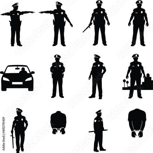 Police officer silhouettes, law enforcement poses, patrol and arrest actions, urban safety scene, handcuffs, vehicle check, baton holding