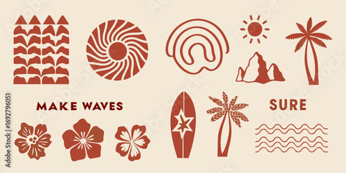 Retro tropical beach icons and text make waves sure with palm trees flowers and surfboard