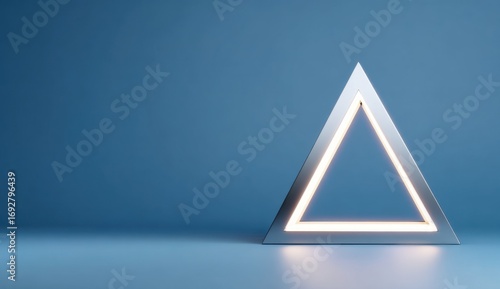 Geometric, illuminated triangle on a blue surface