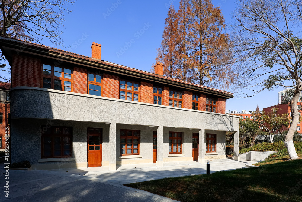 Naklejka premium Old red brick house building