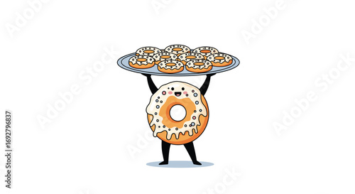 Happy donut character holding a plate of delicious treats