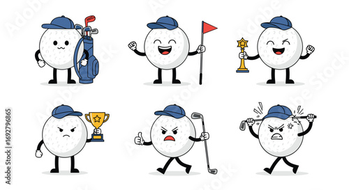 Charming golf balls expressing a range of emotions and actions on the course