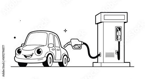 Happy cartoon car getting refueled at the gas station pump