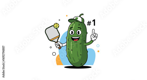 Funny cartoon pickle playing pickleball with a smile and number one
