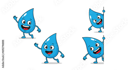 Cute cartoon water drops waving and peeking from behind objects