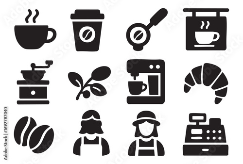stylized icons related to coffee and cafes. Each icon is designed in a minimalist black and white style.