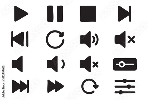 A set of icons commonly used to control a media player. These icons are standard for media player interfaces.