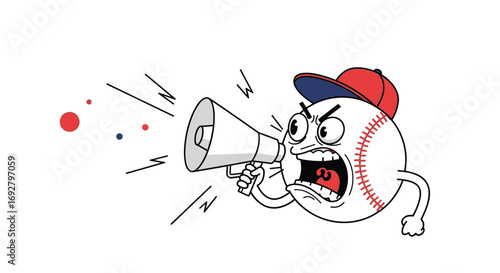 Angry baseball character shouting through megaphone making noise