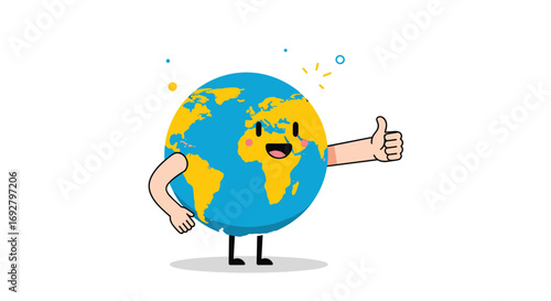 Happy cartoon earth giving thumbs up positive planet character illustration