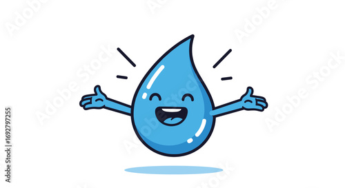 A happy cheerful water droplet character with open arms jumping with joy