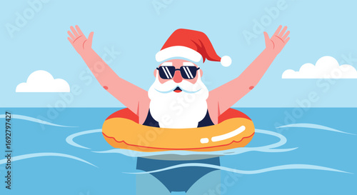 Santa claus enjoying a tropical vacation swimming in the ocean water