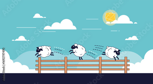 Counting sheep jumping over fence to help fall asleep