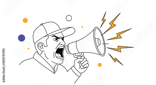 Man yelling loudly through a megaphone announcing something important to the crowd