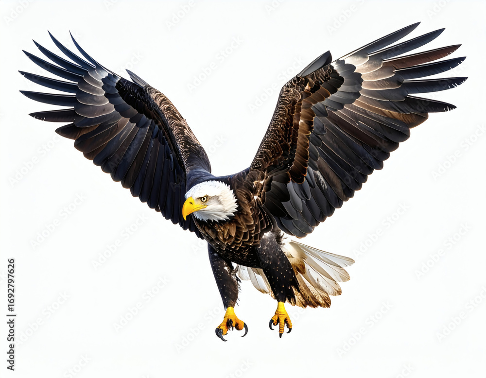 Fototapeta premium Majestic Bald Eagle Soaring Against White Backdrop A Symbol of Freedom and Wildlife