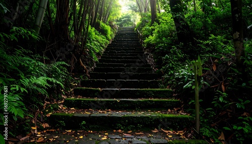 Fototapeta Naklejka Na Ścianę i Meble -  Mossy stone steps ascending into a lush forest