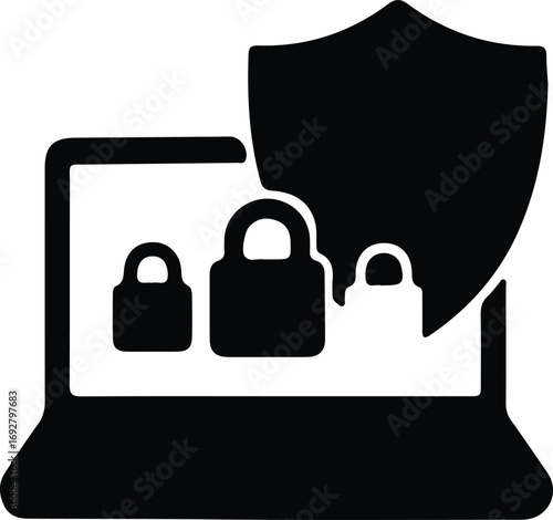 Silhouette computer security shield and lock data protection vector illustrator