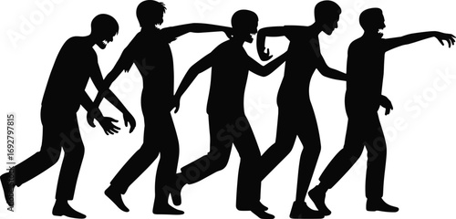 Silhouette of five walking zombies in different poses walking forward creepy undead horror Halloween apocalypse vector illustration design