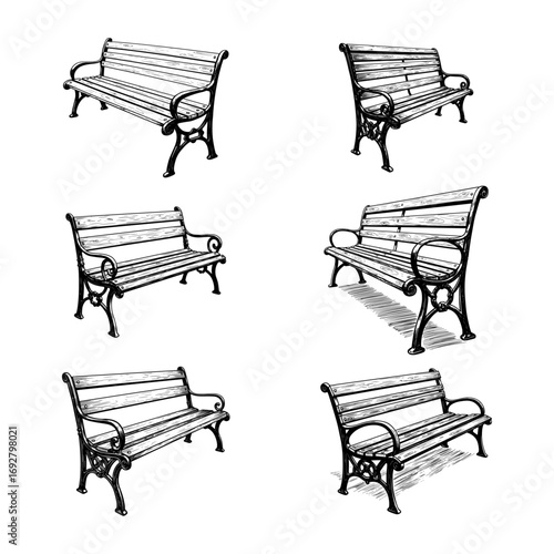 Vintage Park Bench - Hand-Drawn Outdoor Furniture Illustration Set
