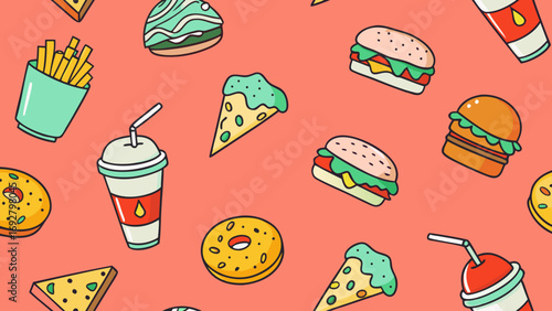 Burgers fries pizza drinks donuts vector