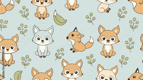 Cute fox pattern with leaves animal illustration