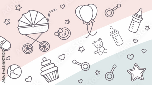 Baby items and shapes pattern stroller balloons