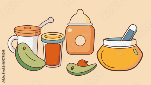 Baby food jars sippy cup and spoon avocado