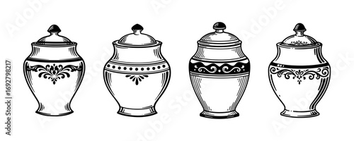 Traditional Decorative Pottery Jars - Vintage Folk Art Illustration Set