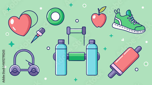 Fitness objects heart shoe apple dumbbell water bottles
