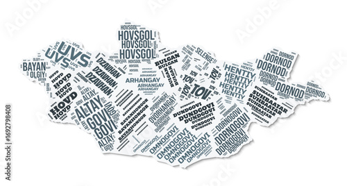 Mongolia shape text cloud. Country border with shadow on white background. Mongolia with regions division in vintage gazette style. Beautiful vector illustration.