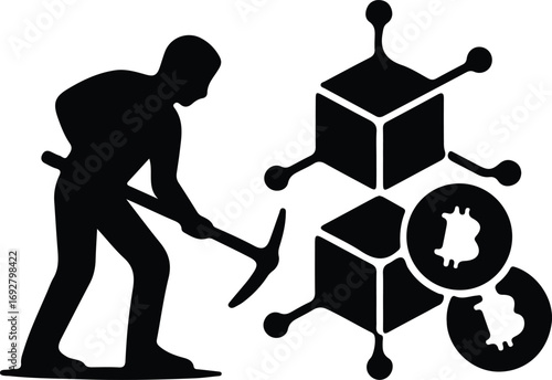 Silhouette miner digging bitcoin cryptocurrency block vector illustrator