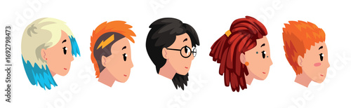Woman Head Side View with Different Hairstyle Vector Set