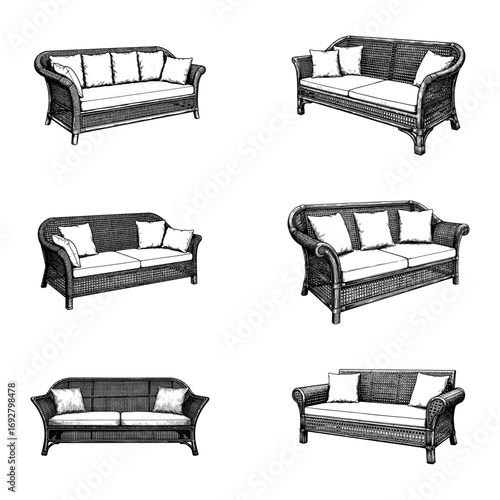 Wicker Rattan Sofa - Hand-Drawn Outdoor & Garden Furniture Set