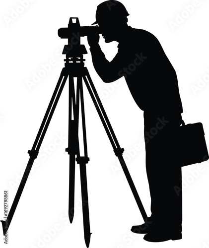 Silhouette of Surveyor Using Theodolite Instrument on Tripod for Land Measurement and Construction Site Work in Engineering Vector