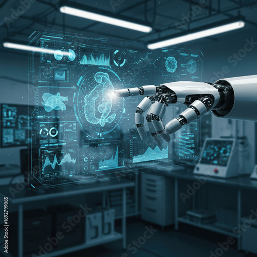 Robotic hand confidently interacts with holographic data display, showcasing advanced technology and precision within modern lab environment
