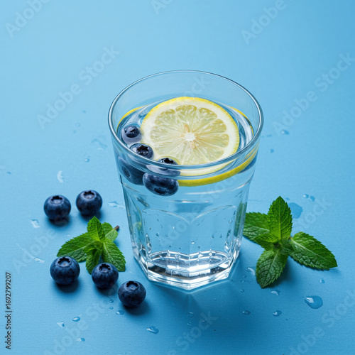 Refreshing water glass with lemon slice and scattered blueberries evokes sense of joyful thirst quenching