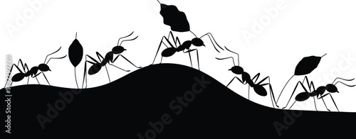 Silhouette Illustration of Ants Working on Soil with Leaves and Larvae in Nature Scene for Insect, Wildlife, and Biology Concepts